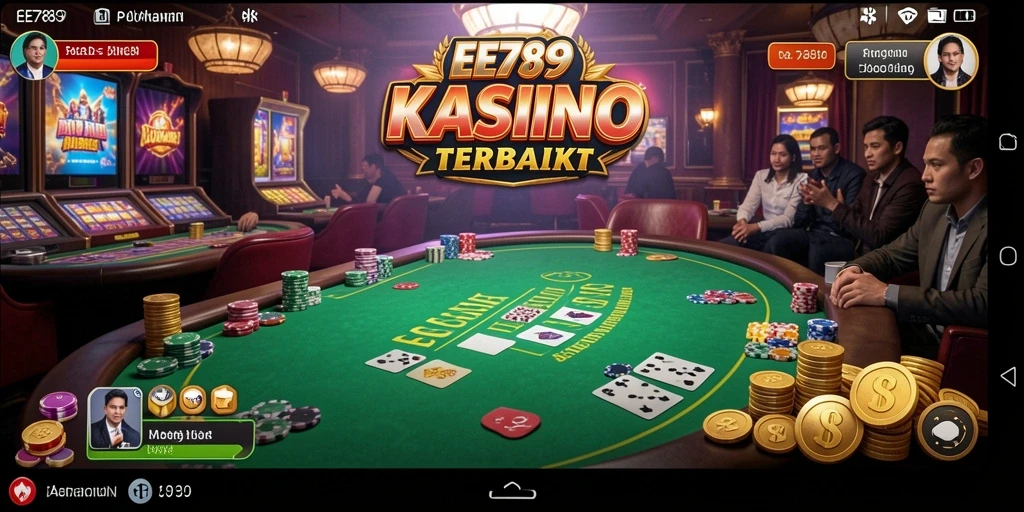 Screenshot gameplay EE789 menunjukkan suasana kasino yang menyenangkan.