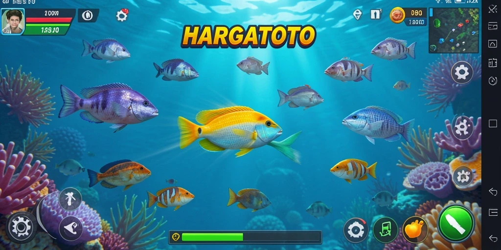 Tangkapan layar gameplay HARGATOTO menampilkan aksi menembak ikan yang seru.