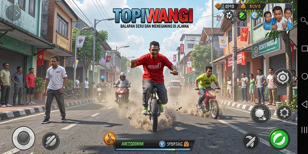 Tampilan gameplay TOPIWANGI yang seru di lintasan balap.
